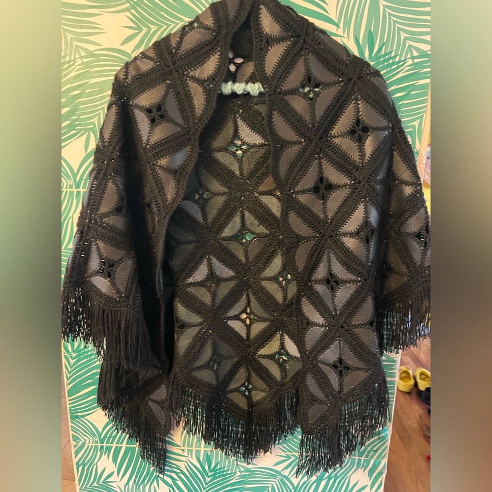 Vintage Leather crochet black shawl handcrafted soft